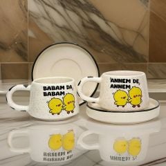 İlbay Seramik Klasik Kupa Bardak 2 li Tabaklı Annem de Annem Babam da Babam