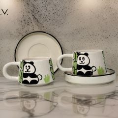 İlbay Seramik Kupa Bardak 2 li Tabaklı Klasik Panda