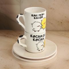 İlbay Çini Seramik 2'li Tabaklı Kahve Fincanı Takımı Karım da Karım Kocam da Kocam