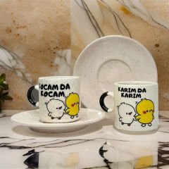 İlbay Çini Seramik 2'li Tabaklı Kahve Fincanı Takımı Karım da Karım Kocam da Kocam