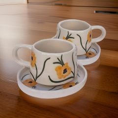 El İşi Seramik 2 li Tabaklı Klasik Sarı Gelincik Kupa Bardak Mug