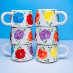 İlbay 6 lı Klasik Farklı Renk Çiçek Seramik Kupa Bardak Takımı