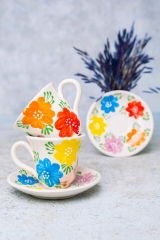İlbay Çini Seramik 2 Kişilik El Yapımı Renk Çümbüşü Kahve Fincanı