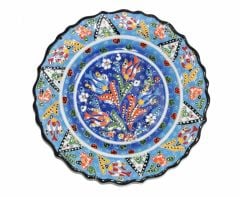 25 cm Otantik Desenli Dekoratif Çini Seramik Tabak - Deniz Mavisi