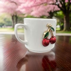 İlbay Seramik Times Kabartma Metalli Kirazlı Kupa Bardak Mug Neskafe Fincanı
