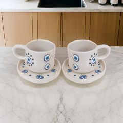 İlbay Seramik 2 li Tabaklı Klasik Yuvarlak Nazar Kupa Mug Nescafe Fincanı