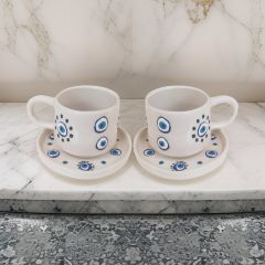 İlbay Seramik 2 li Tabaklı Klasik Yuvarlak Nazar Kupa Mug Nescafe Fincanı