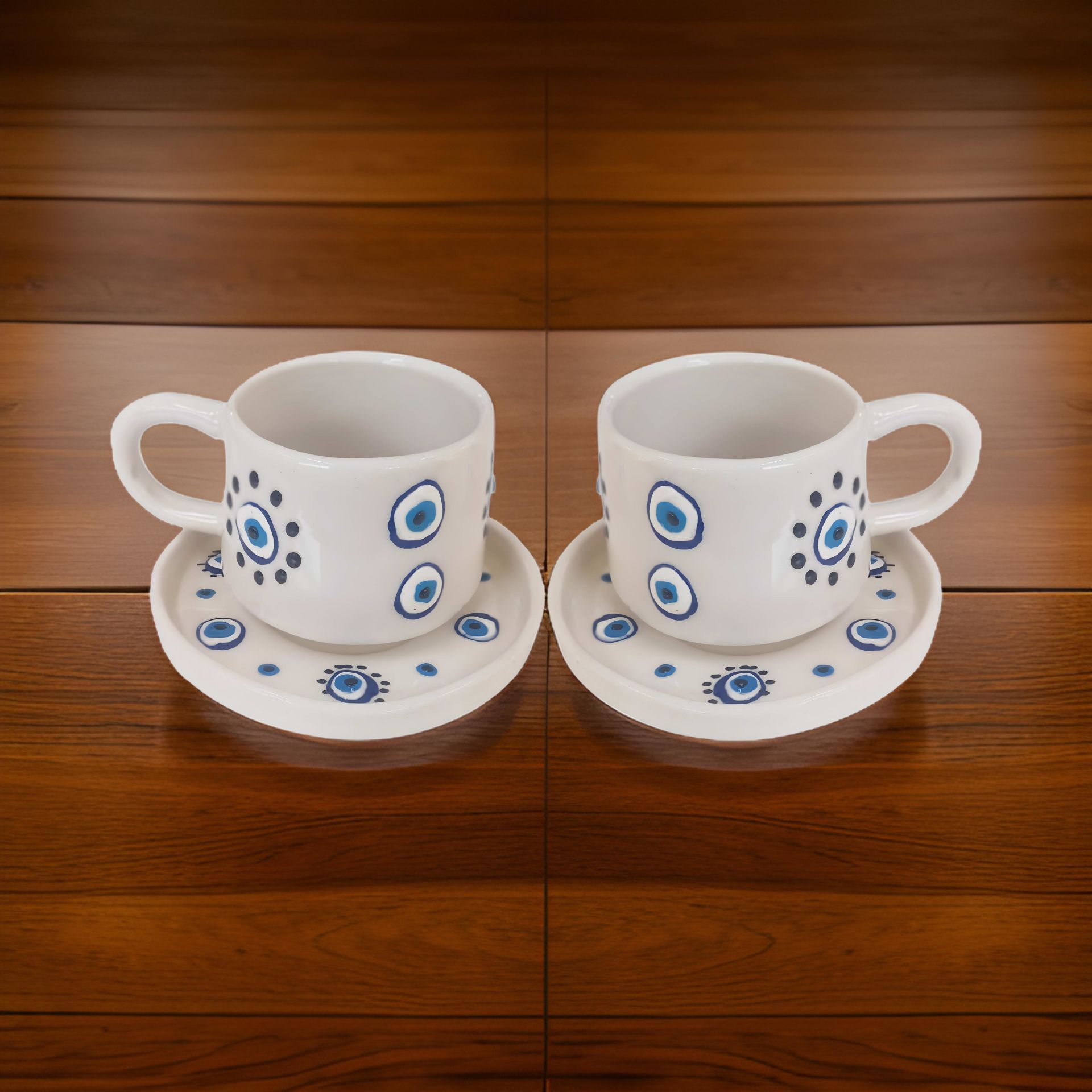 İlbay Seramik 2 li Tabaklı Klasik Yuvarlak Nazar Kupa Mug Nescafe Fincanı