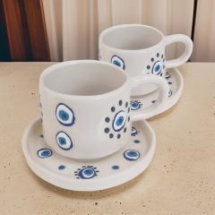 İlbay Seramik 2 li Tabaklı Klasik Yuvarlak Nazar Kupa Mug Nescafe Fincanı