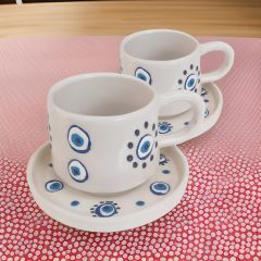 İlbay Seramik 2 li Tabaklı Klasik Yuvarlak Nazar Kupa Mug Nescafe Fincanı
