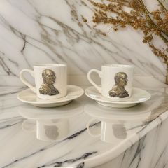 Metalli Bronz Atatürk Porselen 2 li Türk Kahvesi Fincan Takımı