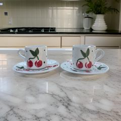 2 Kişilik Seramik El İşi Kiraz Desenli Türk Kahvesi Fincan Seti