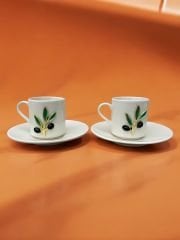 2 Kişilik Porselen Zeytin Dalı Desenli Metalli 2 li Kahve Fincanı Takımı