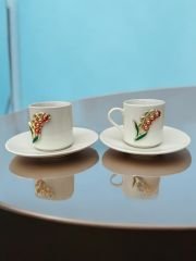 2 Kişilik Metalli Sümbül Desenli Porselen Kahve Fincanı Takımı