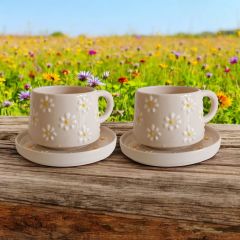2 Kişilik Tabaklı Seramik El Işi Çayır Papatya Desenli Kupa Bardak Mug