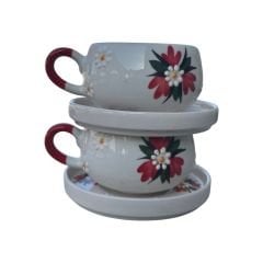 Kırmızı Çiğdem Çiçeği Desenli 2 Adet El İşi Seramik Beren Tabaklı Kupa