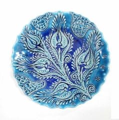30 cm Mavi Turkuaz Kabartma Çini Seramik Tabak