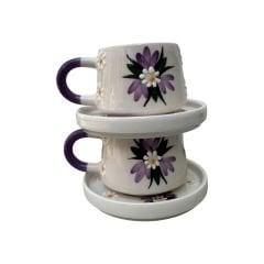 Lila Çiğdem Çiçeği Desenli 2 Adet El İşi Seramik Klasik Kazan Tabaklı Kupa