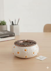 Çayır Papatya Desenli Metal Kapaklı El İşi Seramik Küllük | Rüzgar Küllüğü | Dış Mekan Küllüğü