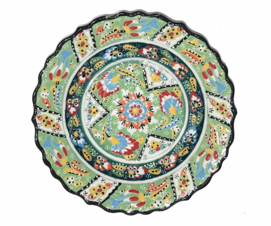 25 cm Otantik Desenli Dekoratif Çini Seramik Tabak - Açık Yeşil