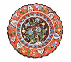 25 cm Otantik Desenli Dekoratif Çini Seramik Tabak - Turuncu