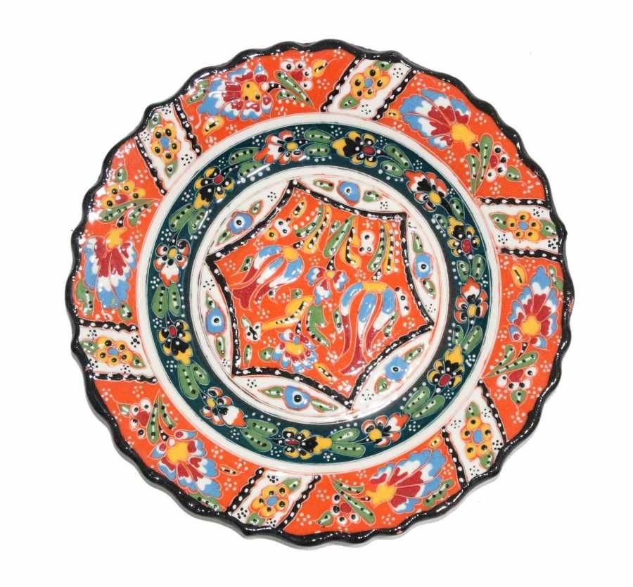 25 cm Otantik Desenli Dekoratif Çini Seramik Tabak - Turuncu