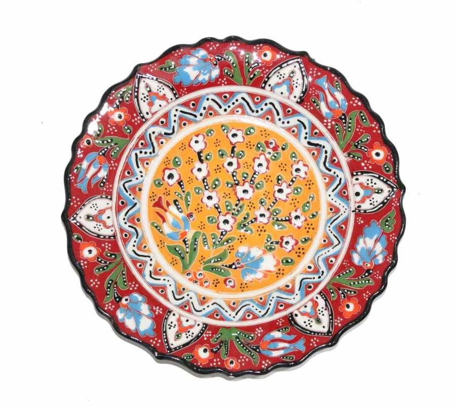 25 cm Otantik Desenli Dekoratif Çini Seramik Tabak- Kırmızı