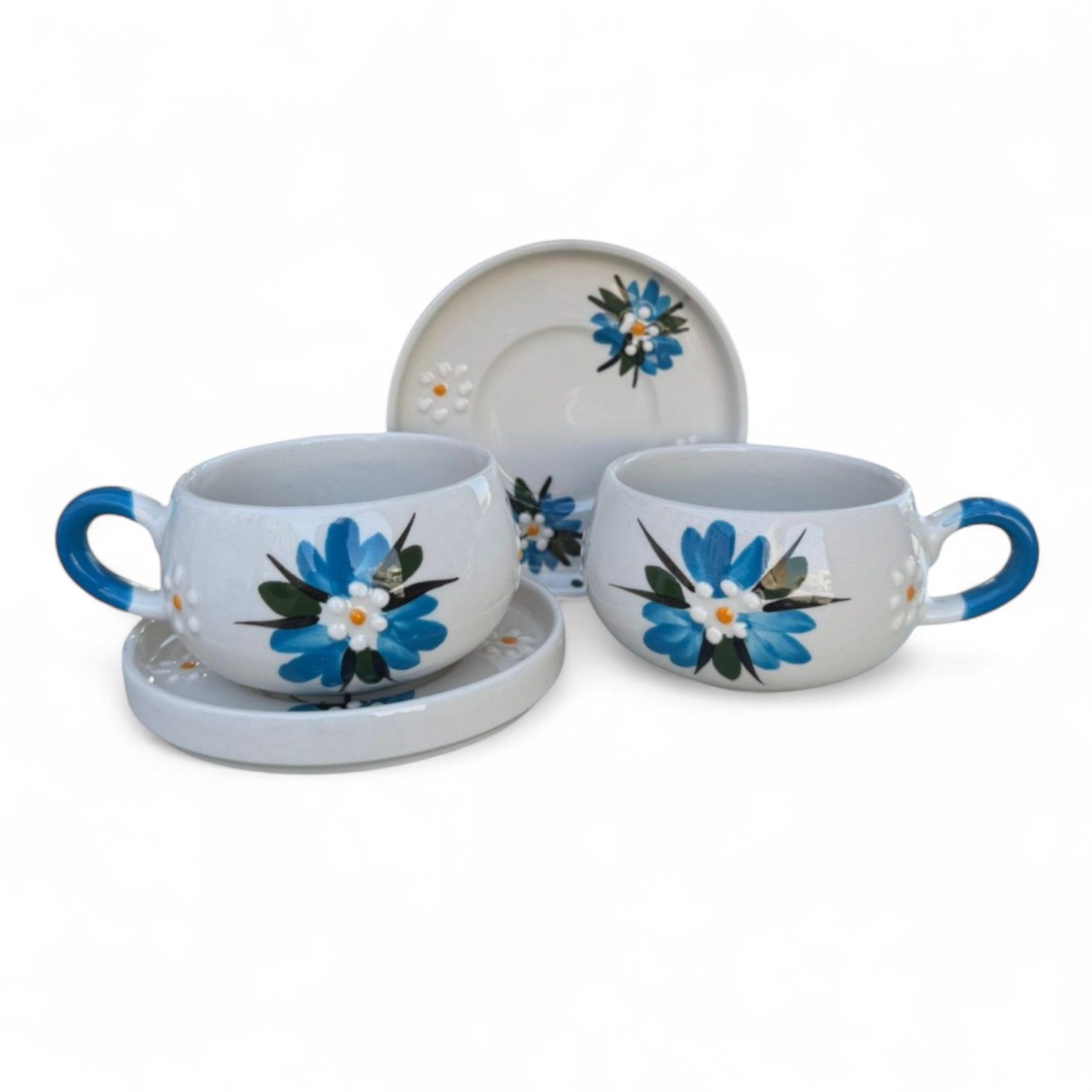 Mavi Çiğdem Çiçeği Desenli 2 Adet Beren Tabaklı Kupa