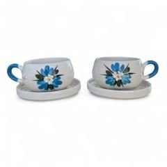 Mavi Çiğdem Çiçeği Desenli 2 Adet Beren Tabaklı Kupa