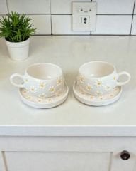 Çayır Papatya Desenli 2 Adet Beren Tabaklı Kupa