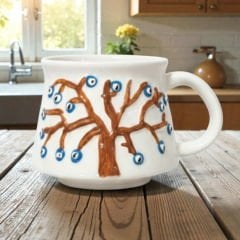 Kabartma Nazar Ağacı Desenli Seramik Kupa