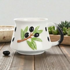 Kabartma Zeytin Dalı Desenli Seramik Kupa