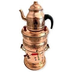 %100 Bakir Desenli Odunlu Kömürlü Semaver