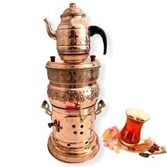 %100 Bakir Desenli Odunlu Kömürlü Semaver