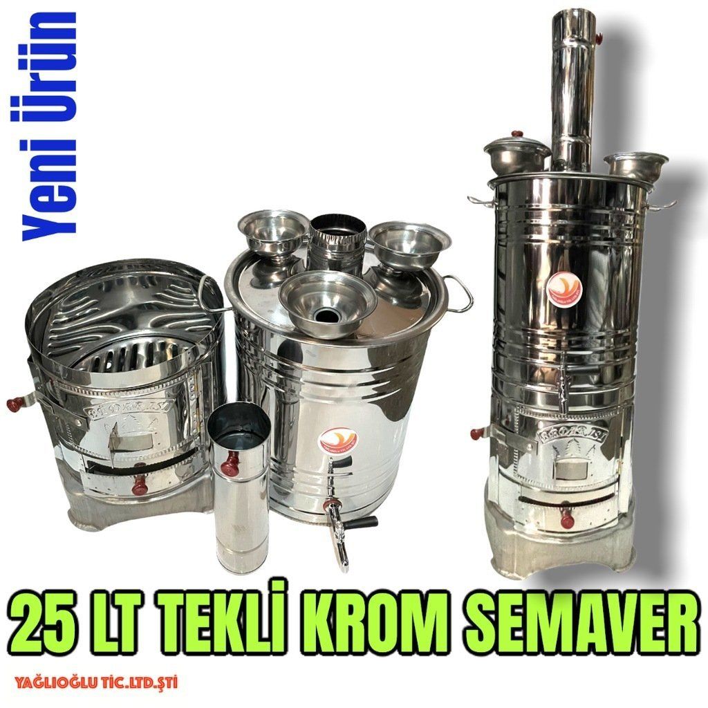 Odunlu Kömürlü Tek Musluklu Krom Semaver (25 Lt)