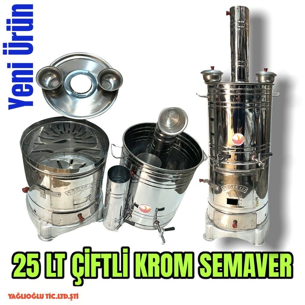 Odunlu Kömürlü Çift Musluklu Krom Semaver (25 Lt)