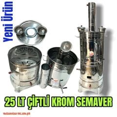 Odunlu Kömürlü Çift Musluklu Krom Semaver (25 Lt)