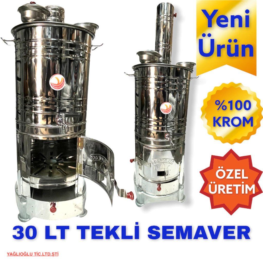 Odunlu Kömürlü Tek Musluklu Krom Semaver (30 Lt)