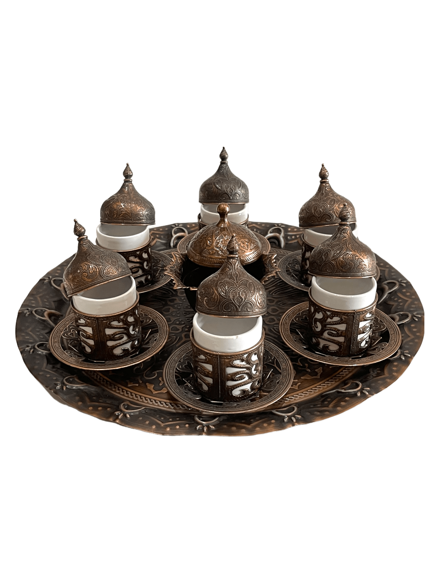 Osmanlı Motifli 6 Kişilik Kahve Fincan Takımı Bakır İşlemeli (Özel Üretim)