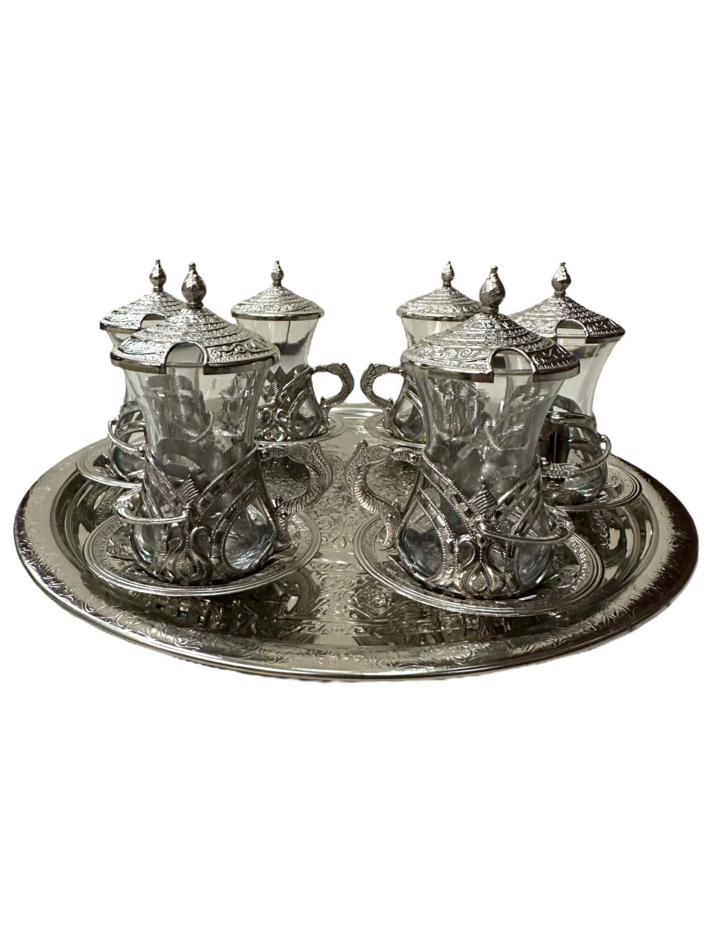 Osmanlı Motifli Döküm Dekoratif 6 Kişilik Çay Takımı (Gümüş Renk)