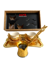 Osmanlı Motifli 2 Kişilik Kahve Fincan Takımı Tepsili+Cezveli Sunum Seti (Gold)