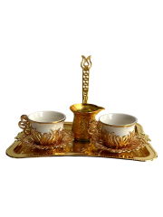 Osmanlı Motifli 2 Kişilik Kahve Fincan Takımı Tepsili+Cezveli Sunum Seti (Gold)