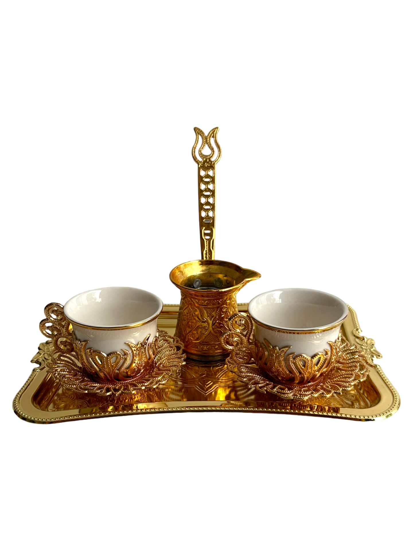Osmanlı Motifli 2 Kişilik Kahve Fincan Takımı Tepsili+Cezveli Sunum Seti (Gold)
