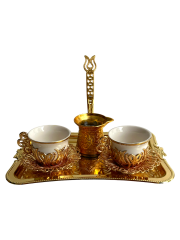 Osmanlı Motifli 2 Kişilik Kahve Fincan Takımı Tepsili+Cezveli Sunum Seti (Gold)
