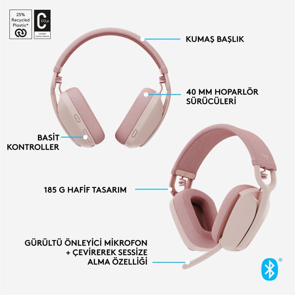 LOGITECH ZONE VİBE 100 MİKROFONLU KABLOSUZ BLUETOOTH KULAK ÜSTÜ KULAKLIK - PEMBE 981-001224