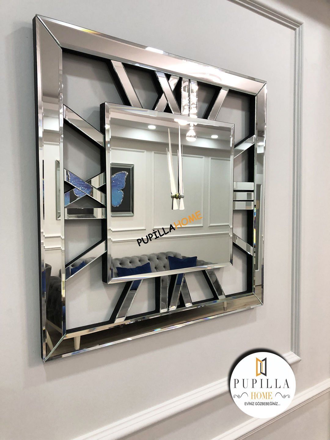 Aynalı Gümüş Renk Kare Saat