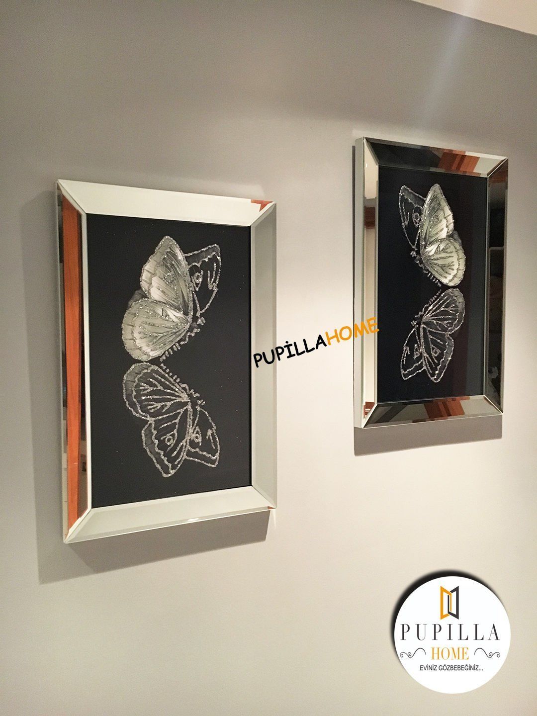 Gümüş Renk İkili Kelebek Simli Tablo