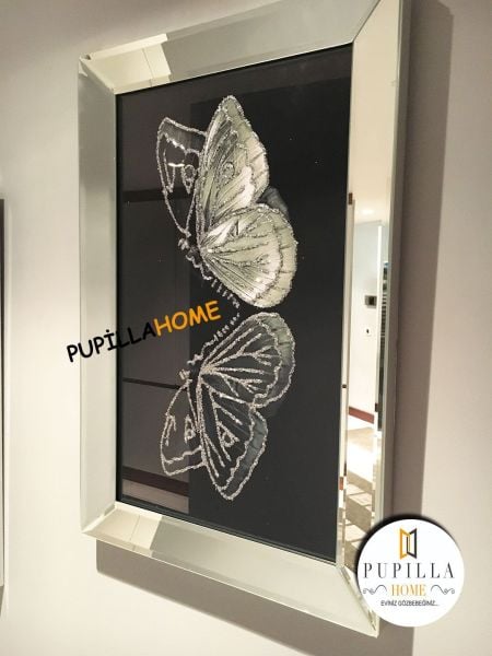 Gümüş Renk İkili Kelebek Simli Tablo