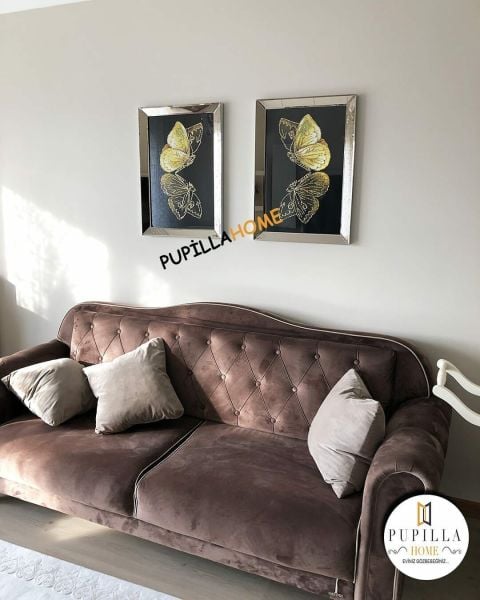 Bronz Renk İkili Kelebek Simli Tablo