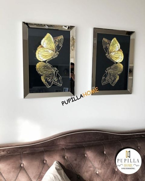 Bronz Renk İkili Kelebek Simli Tablo